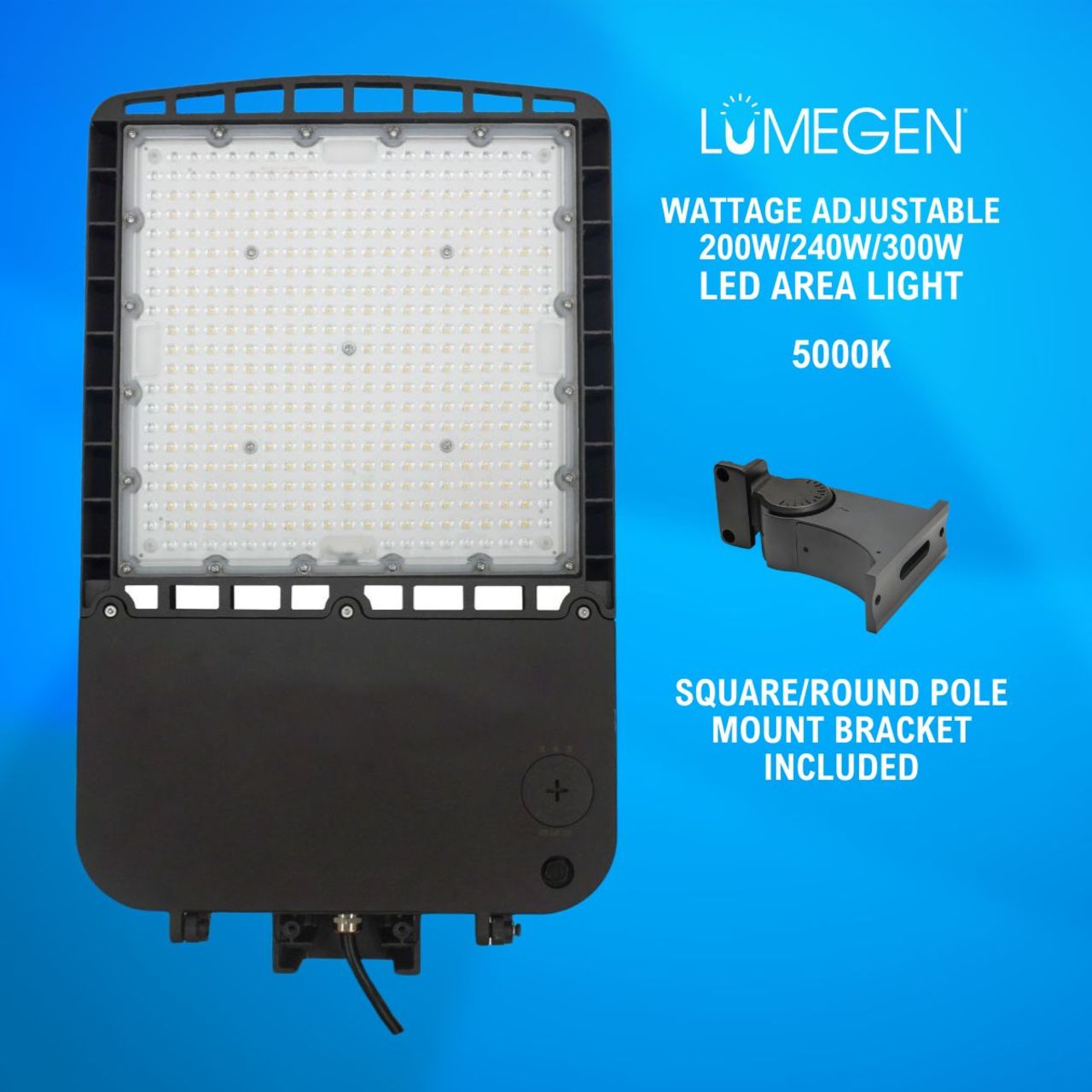 LED Area Light with Square/Round Pole Mount Bracket - Wattage Adjustable 200W/240W/300W - 5000K - LumeGen