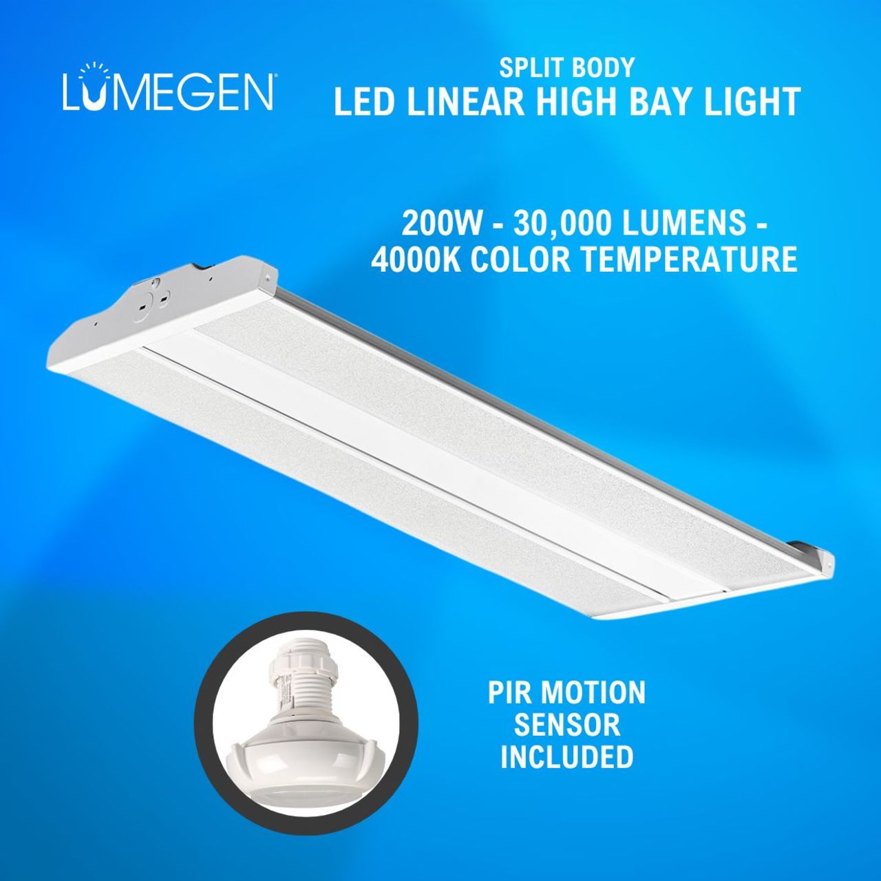 LED Linear High Bay - 200W - 30,000 Lumens - 4000K - PIR Motion Sensor - LumeGen