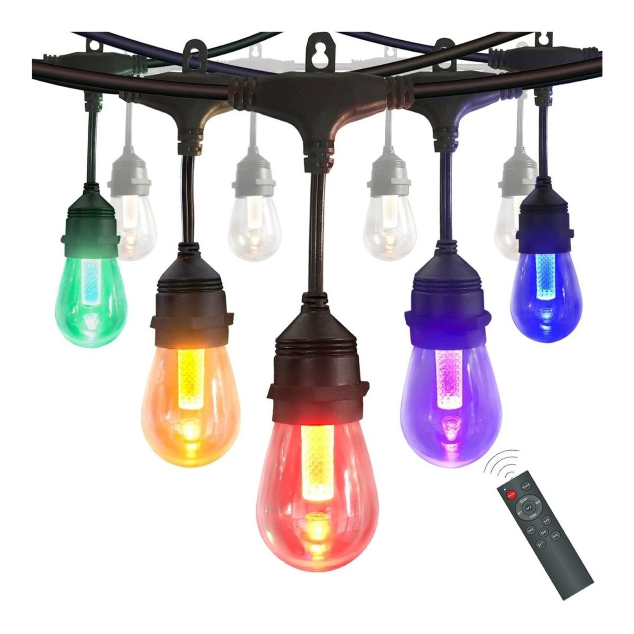 48ft Color Changing S14 String Light - 15 E26 Sockets - 20AWG - Remote Control - RGBW S14 Bulbs - LumeGen