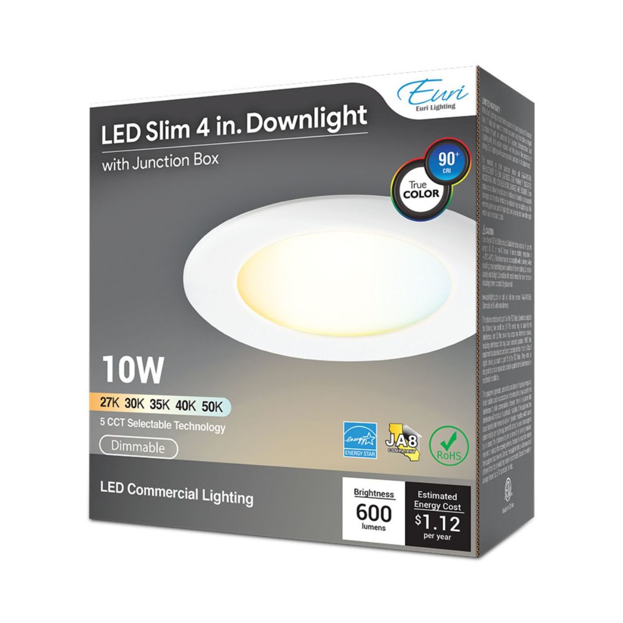 4in. LED Ultra Slim Recessed Downlight - 10W - 600 Lumens - 5 CCT Selectable - Euri Lighting