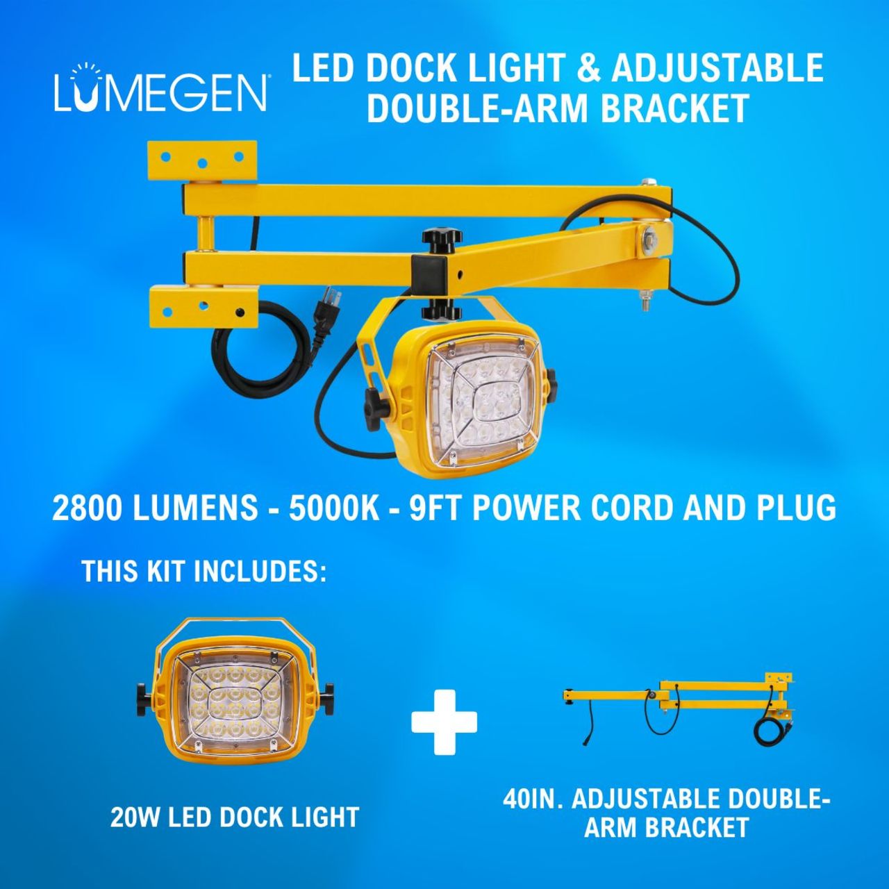 20W LED Dock Light - 40in. Adjustable Double-Arm Bracket - 2800 Lumens - 5000K - 9ft Power Cord and Plug