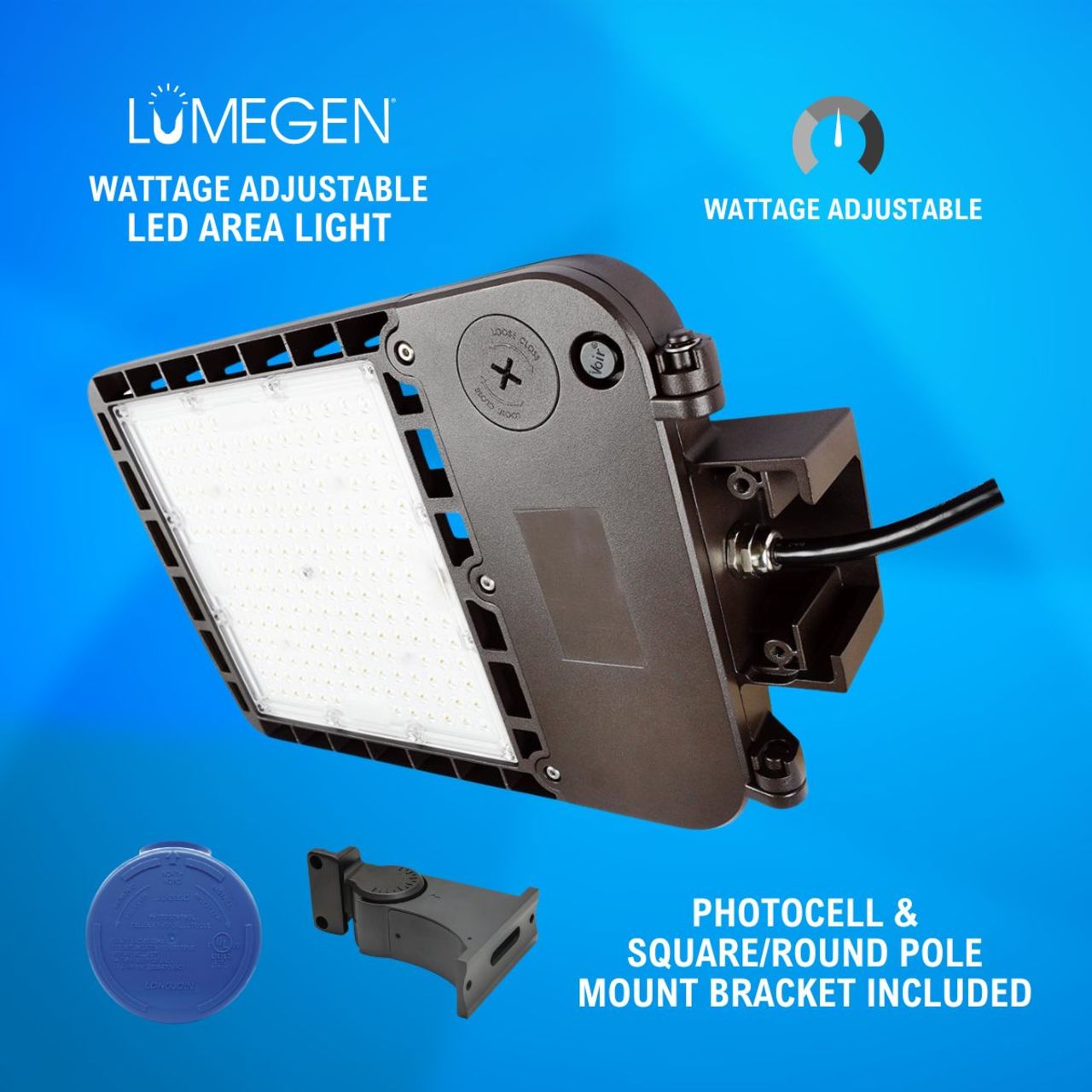 LED Area Light with Photocell and Square/Round Pole Mount Bracket - Wattage Adjustable 70W/100W/150W - 5000K - LumeGen