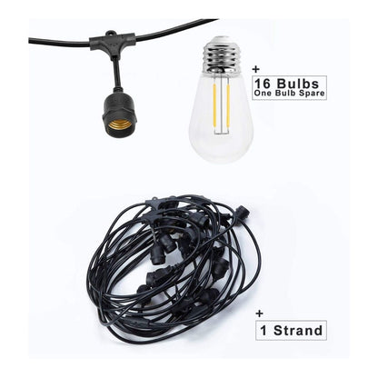 48ft Commercial Heavy-Duty S14 String Light - 24 E26 Sockets - 16AWG - Double Filament 1.5W S14 Bulbs - LumeGen