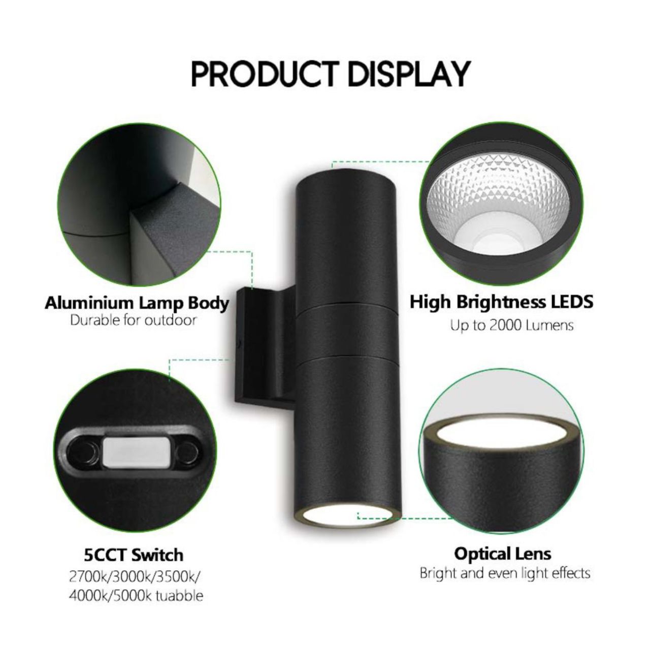 LED Up/Down Cylinder Wall Light - 18W - 1400 Lumens - Color Tunable - Black Finish - LumeGen