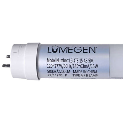 Case of 25 - 4ft LED T8 Tube - Type A+B - 15W - 2200 Lumens - 3500K 4000K 5000K - LumeGen