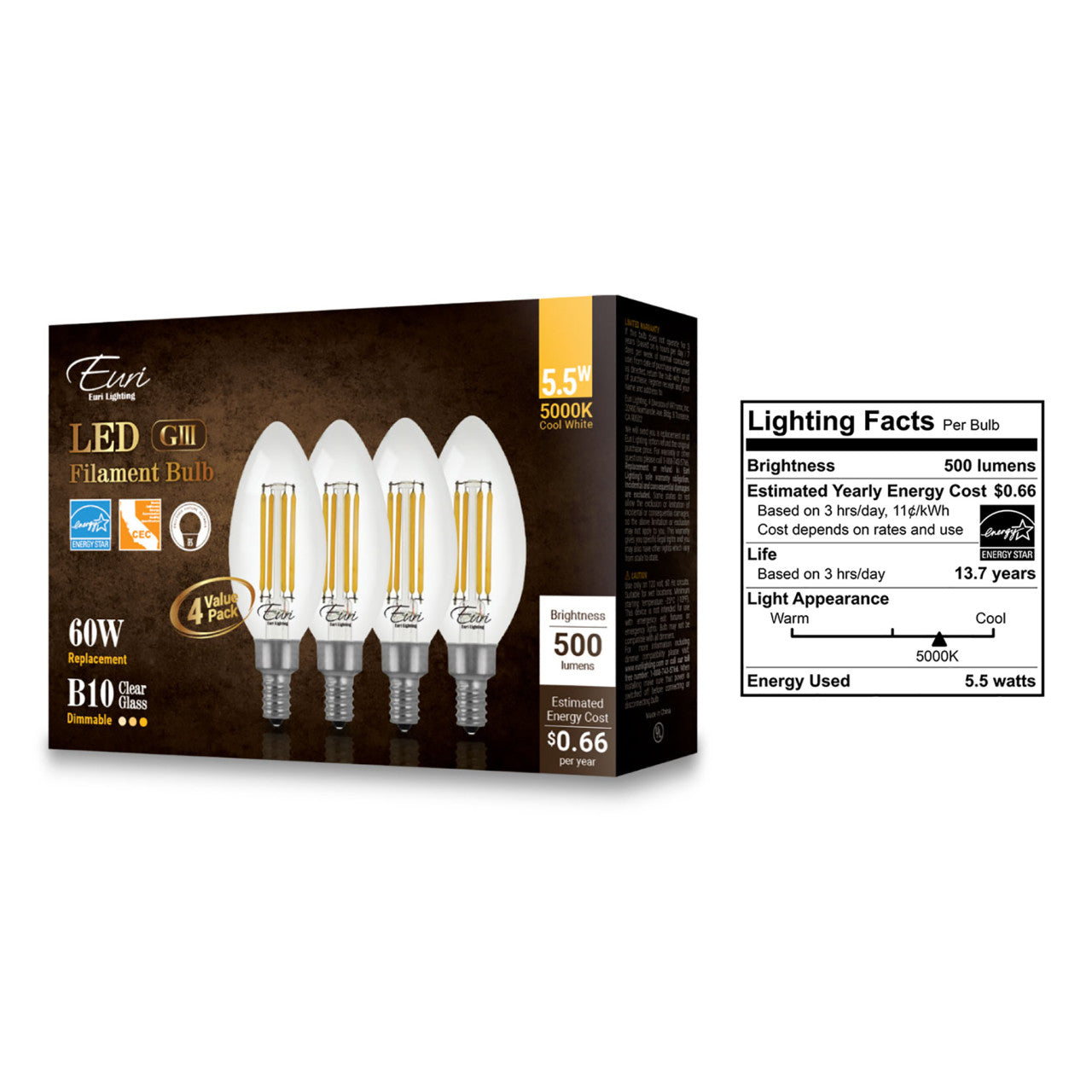 LED B10 Clear Glass Filament Bulb - 5.5 Watt -60 Watt Equiv. - 500 Lumens - Euri Lighthing - 4 Pack