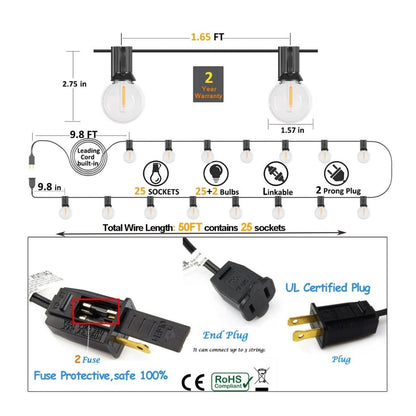 50ft G40 String Light - 25 E12 Sockets - 20AWG - 0.5W G40 Bulbs - LumeGen