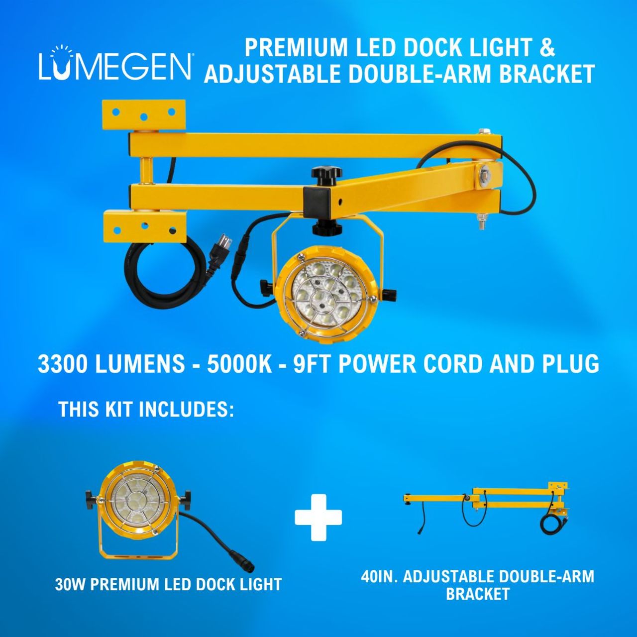 30W Premium LED Dock Light - 40in. Adjustable Double-Arm Bracket - 3300 Lumens - 5000K - 9ft Power Cord and Plug