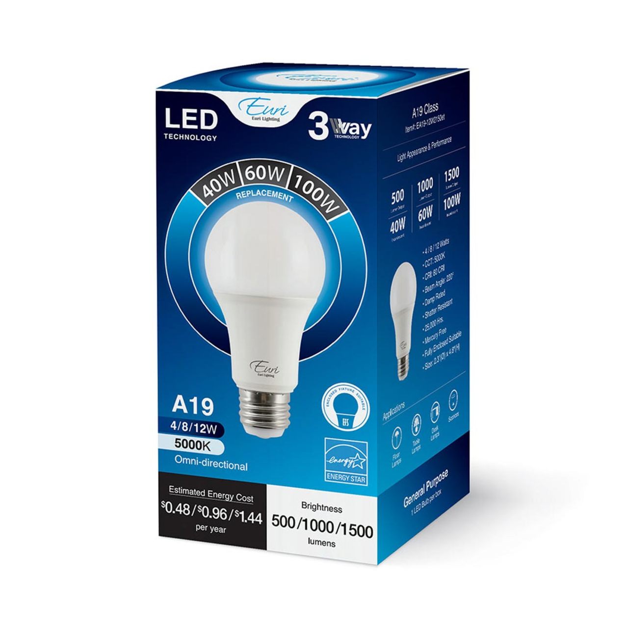 LED 3-Way A19 Bulb - 4W/8W/12W - Euri Lighting