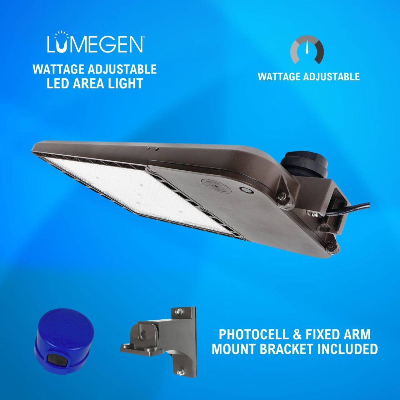 LED Area Light with Photocell and Fixed Arm Mount Bracket - Wattage Adjustable 200W/240W/300W - 5000K - LumeGen