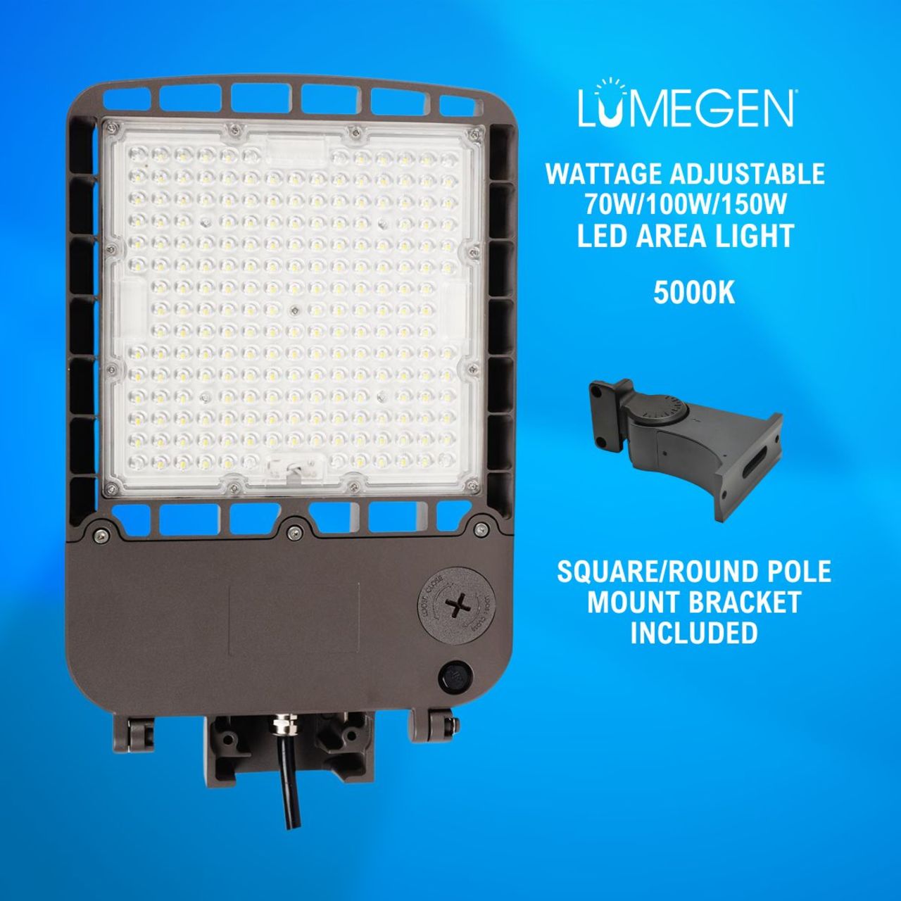 LED Area Light with Square/Round Pole Mount Bracket - Wattage Adjustable 70W/100W/150W - 5000K - LumeGen