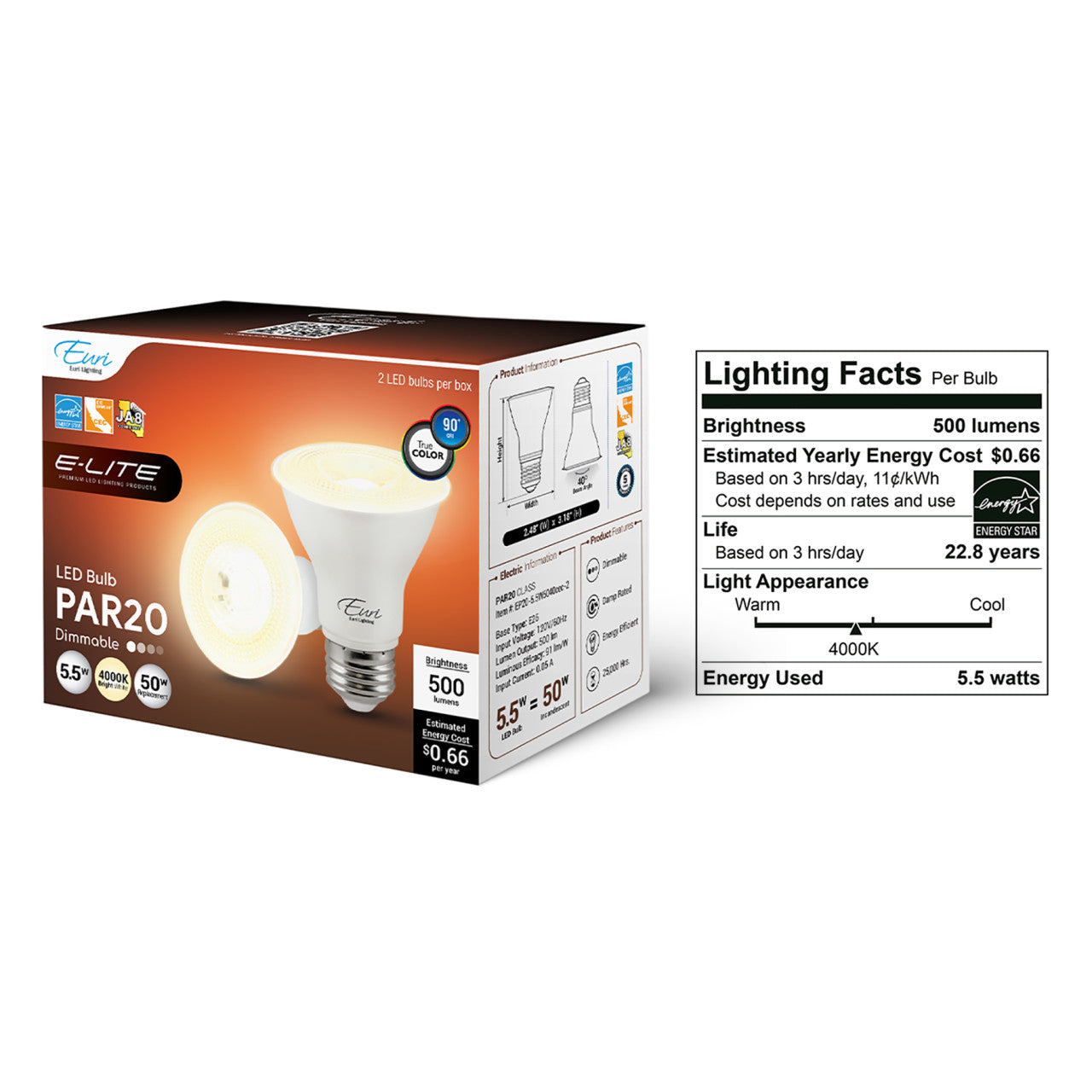 2-Pack E-Lite LED PAR20 Bulb - 5.5W - 500 Lumens - Euri Lighting