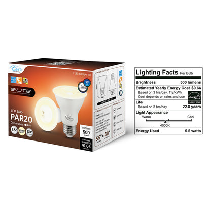 2-Pack E-Lite LED PAR20 Bulb - 5.5W - 500 Lumens - Euri Lighting