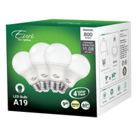 4-Pack LED A19 Bulbs - 9W - 800 Lumens - Euri Lighting