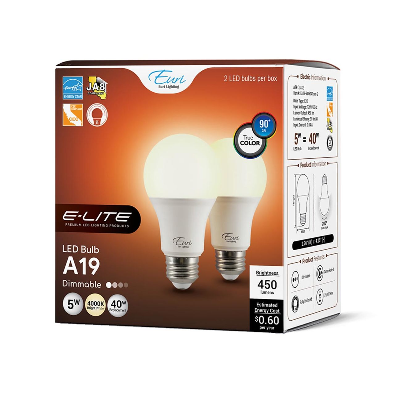 2-Pack E-Lite LED A19 Bulbs - 5W - 450 Lumens - Euri Lighting