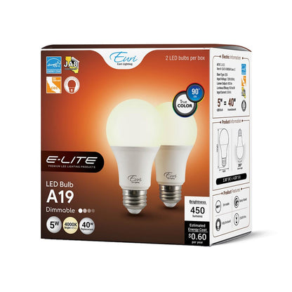 2-Pack E-Lite LED A19 Bulbs - 5W - 450 Lumens - Euri Lighting