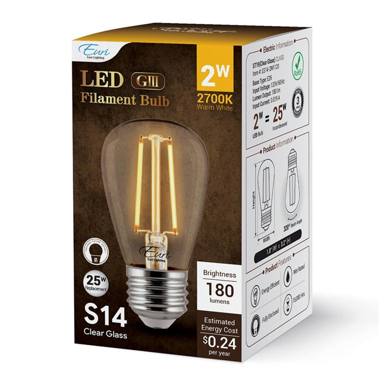 LED S14 Filament Bulb - 2W - 180 Lumens - 2700K - Euri Lighting