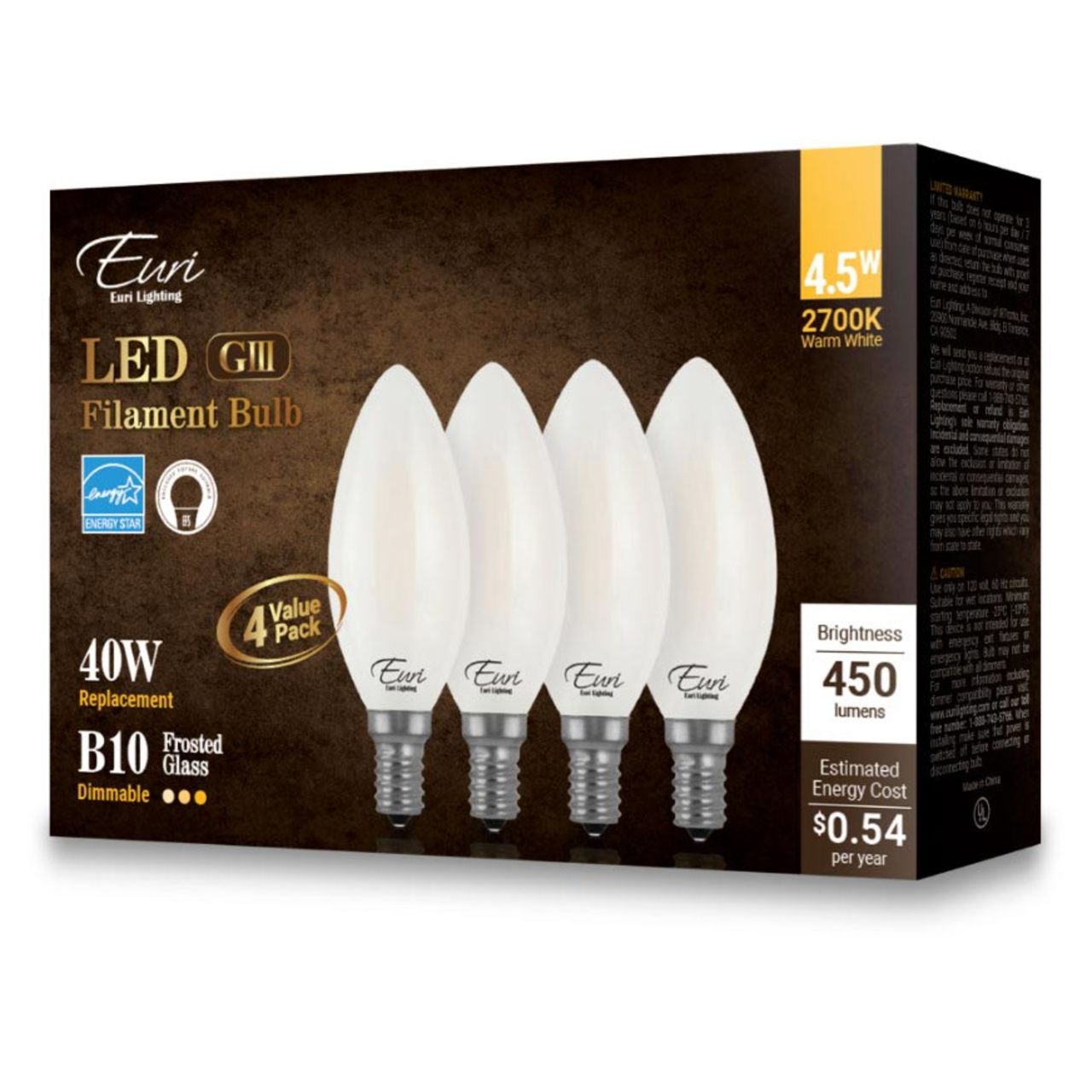 4-Pack LED B10 Filament Bulbs - 4.5W - 450 Lumens - 2700K - Euri Lighting