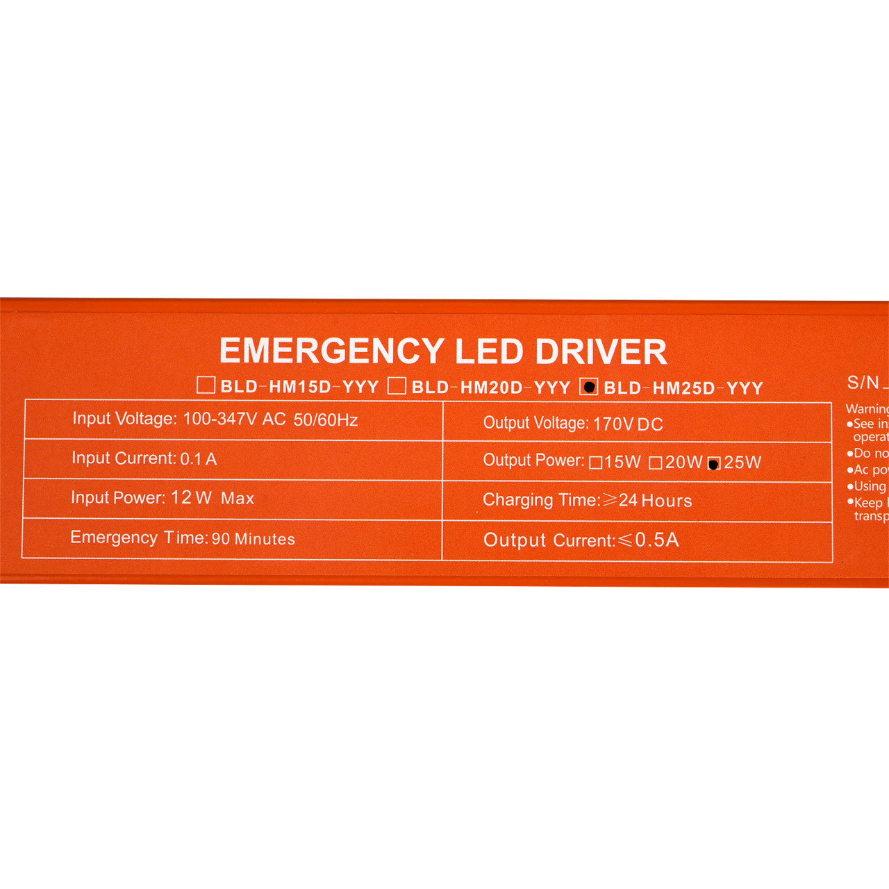 Emergency LED Driver - 25W Output - 90 Minute Backup Time