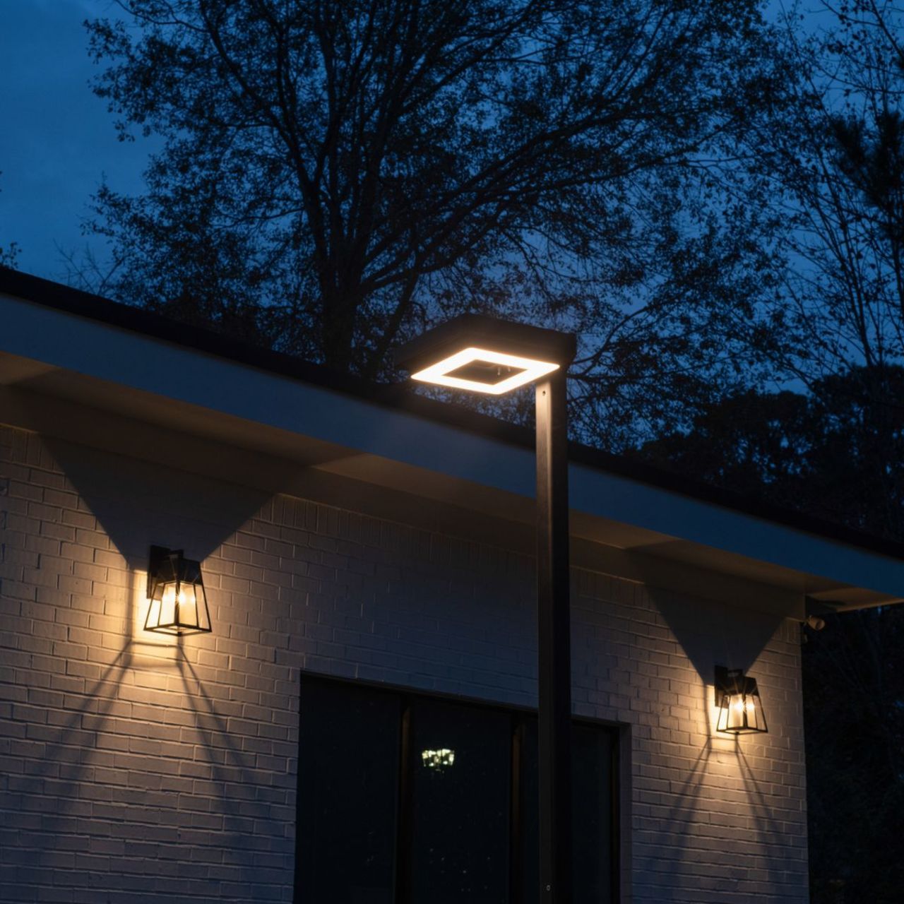 Solar LED Contemporary Square Post Light with 8ft Square Pole - Black Finish - Gama Sonic