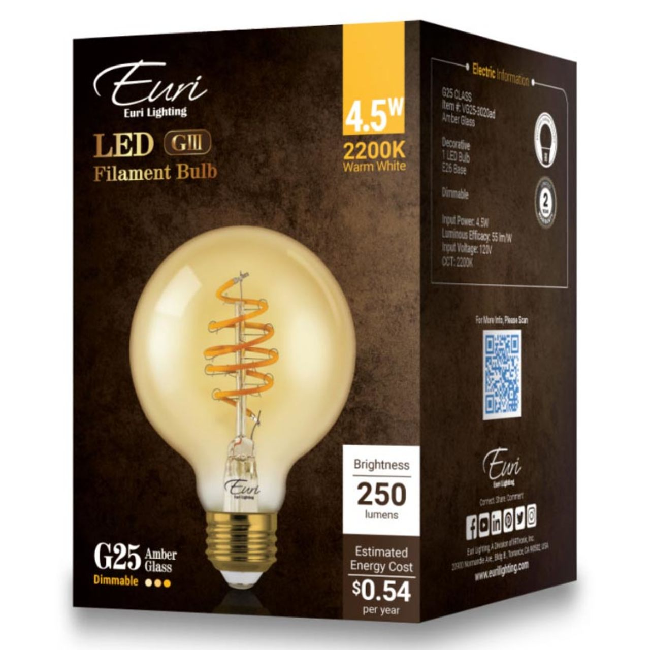 LED G25 Filament Bulb - 4.5W - 250 Lumens - 2200K - Amber Glass - Euri Lighting