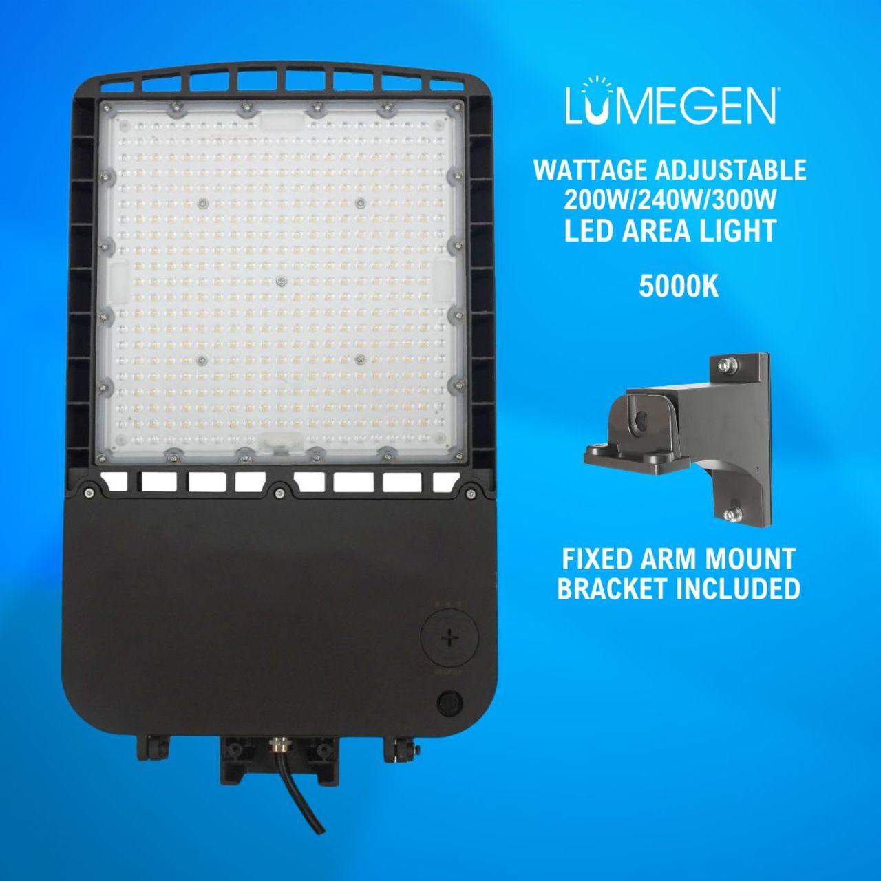 LED Area Light with Fixed Arm Mount Bracket - Wattage Adjustable 200W/240W/300W - 5000K - LumeGen