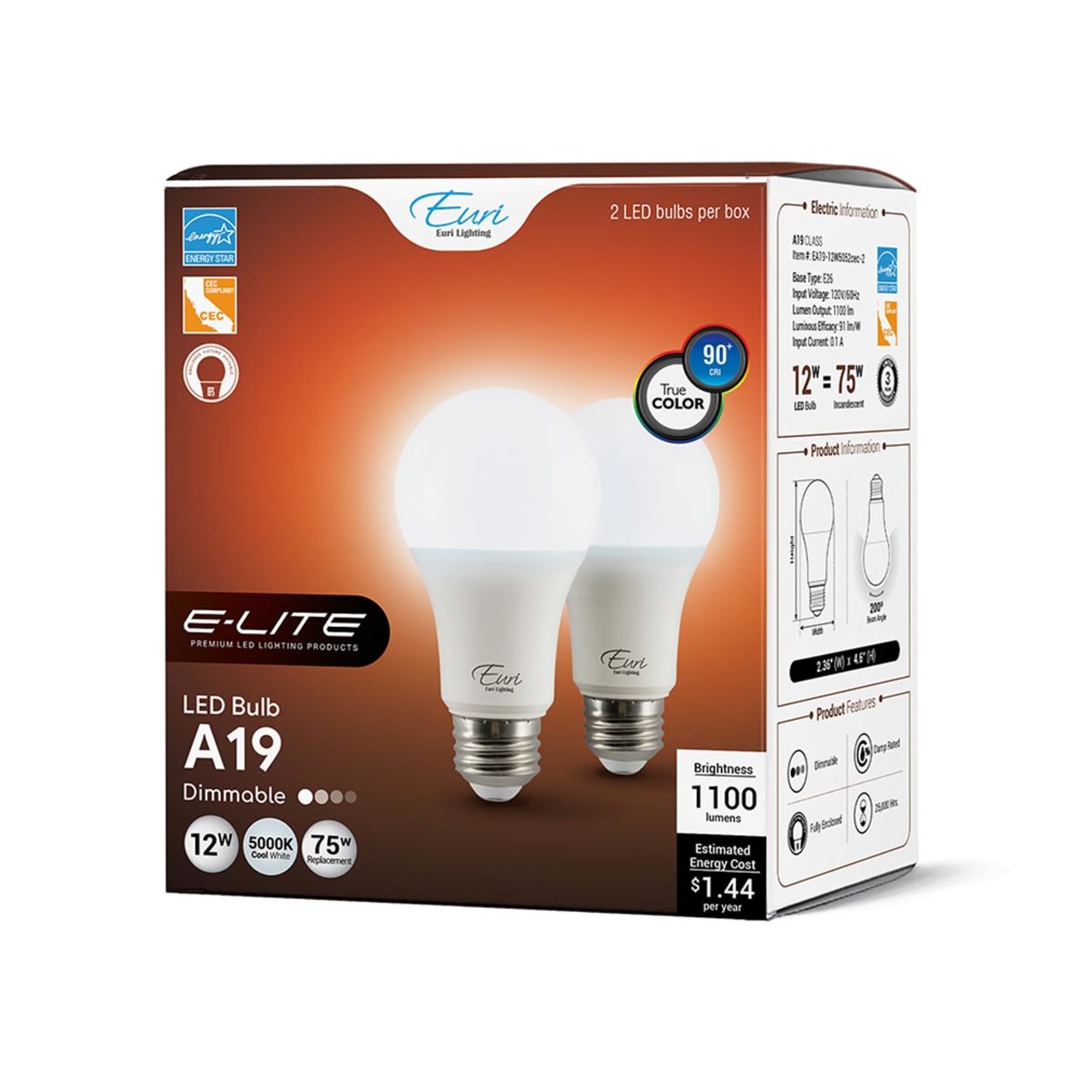 2-Pack E-Lite LED A19 Bulbs - 12W - 1100 Lumens - Euri Lighting