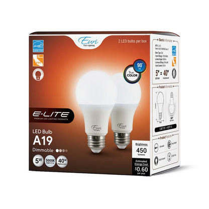 2-Pack E-Lite LED A19 Bulbs - 5W - 450 Lumens - Euri Lighting