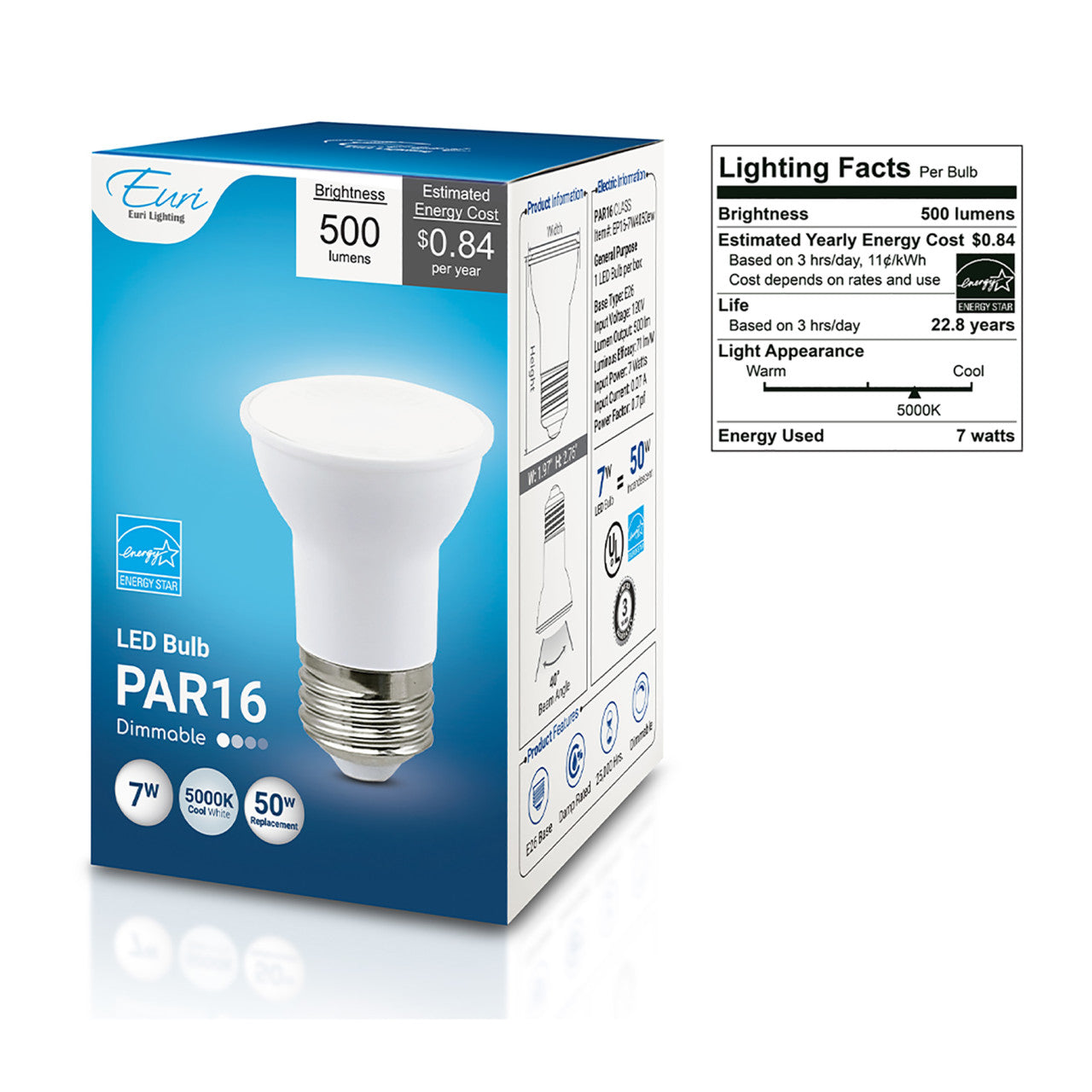 LED PAR16 - 7 Watt- 50 Watt Equiv. - Dimmable - 500 Lumens - Euri Lighting