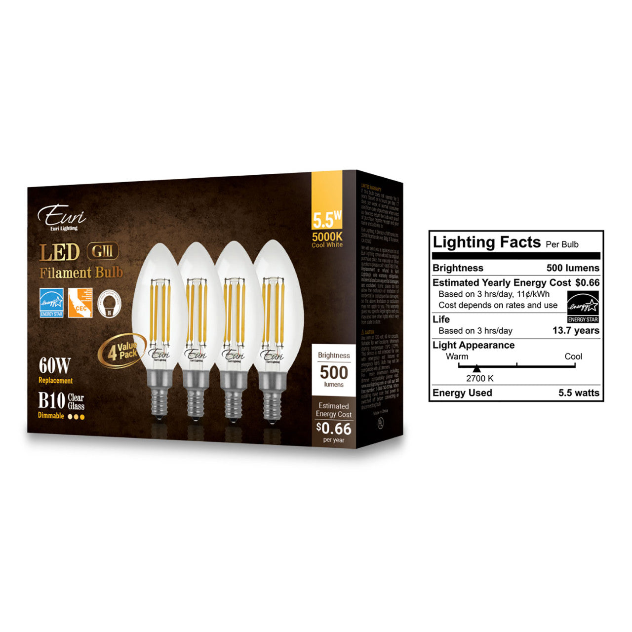 LED B10 Clear Glass Filament Bulb - 5.5 Watt -60 Watt Equiv. - 500 Lumens - Euri Lighthing - 4 Pack