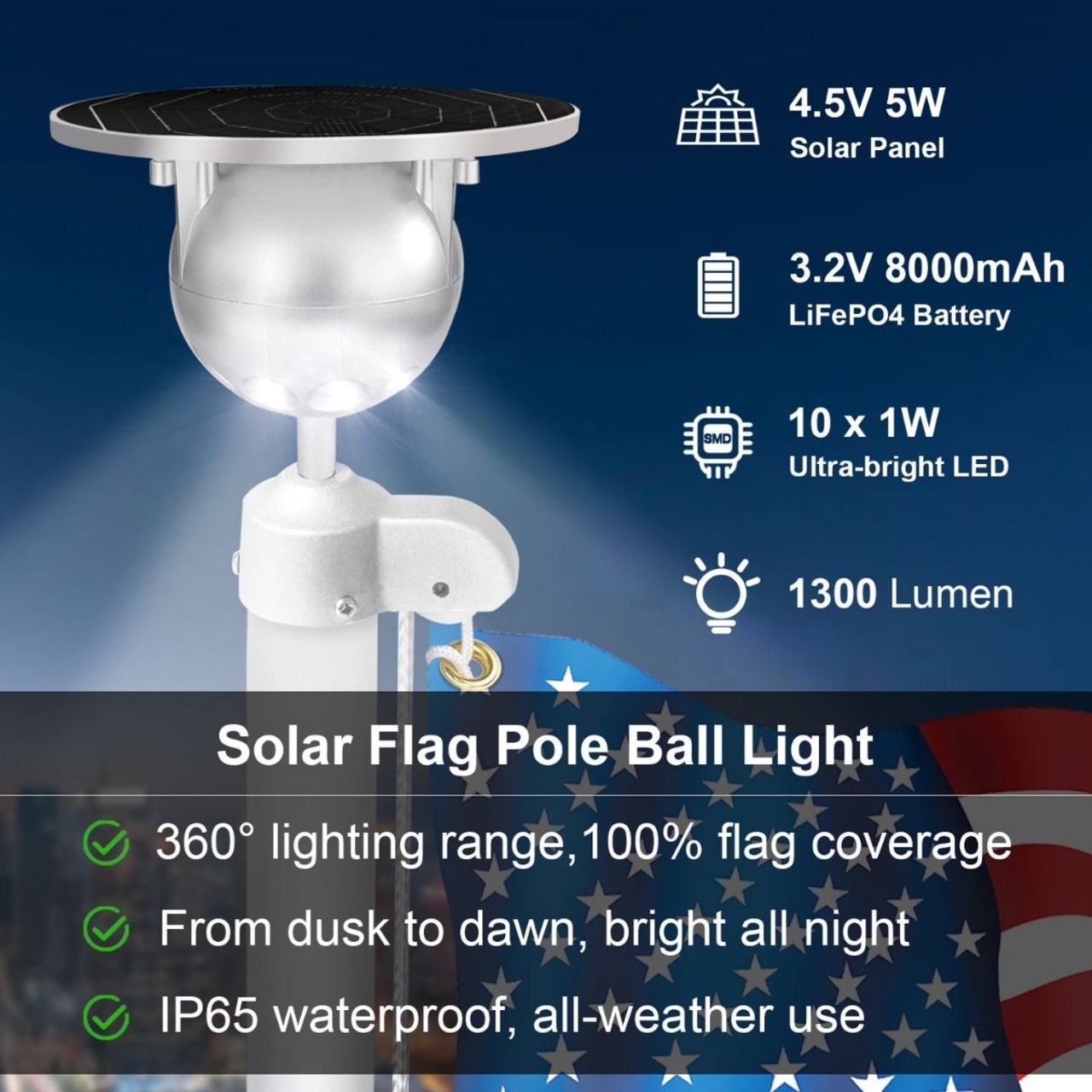 Solar LED Flag Pole Ball Topper Light - 10 LEDs - White/Black/Gold/Silver Finish