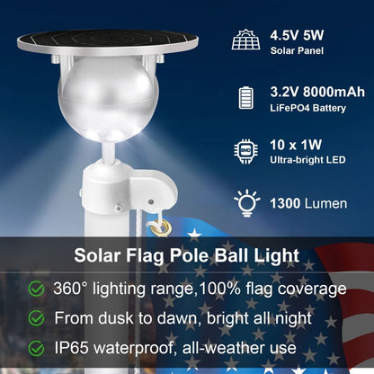 Solar LED Flag Pole Ball Topper Light - 10 LEDs - White/Black/Gold/Silver Finish