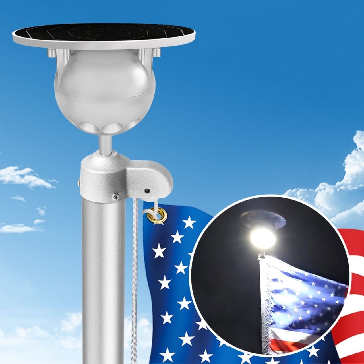 Solar LED Flag Pole Ball Topper Light - 10 LEDs - White/Black/Gold/Silver Finish