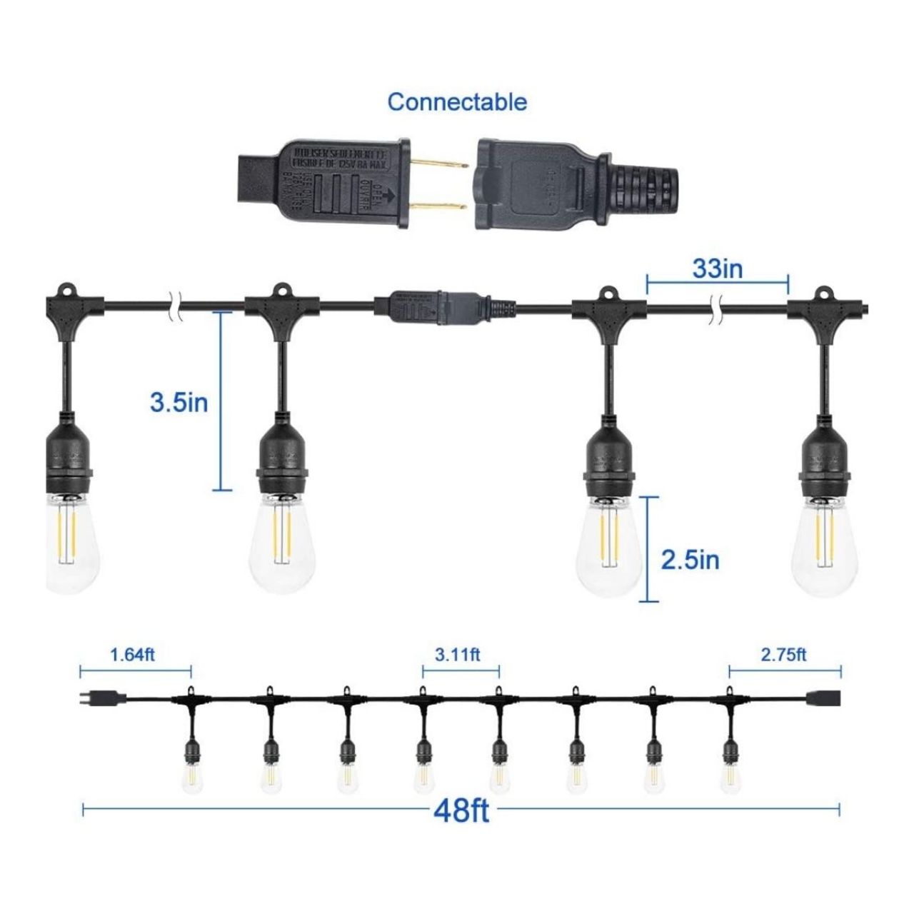 48ft Heavy-Duty S14 String Light - 15 E26 Sockets - 20AWG - 1W S14 Bulbs - LumeGen