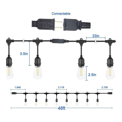 48ft Heavy-Duty S14 String Light - 15 E26 Sockets - 20AWG - 1W S14 Bulbs - LumeGen