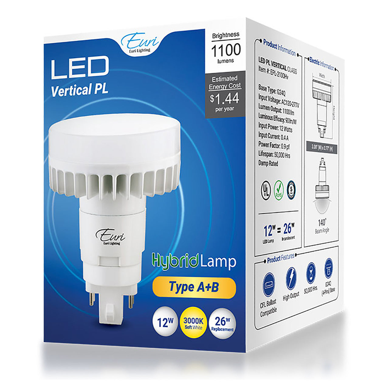 PL LED Bulb - Vertical - Type A + B - 12W - 1100 Lumens - Euri