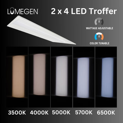 Case of 2 - 2x4 LED Troffer Light - Wattage Adjustable 20W/25W/30W/40W/50W - Color Tunable 35K/40K/50K/57K/65K - LumeGen