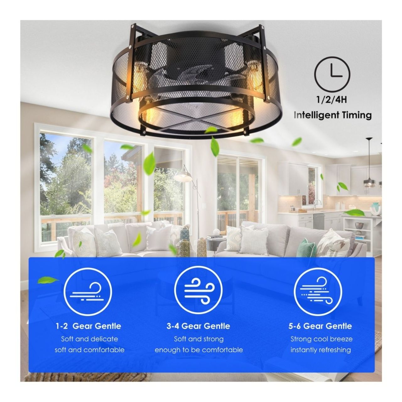 16in. Basket Ceiling Fan with LED Bulbs - 4 E12 Socket - Black Finish