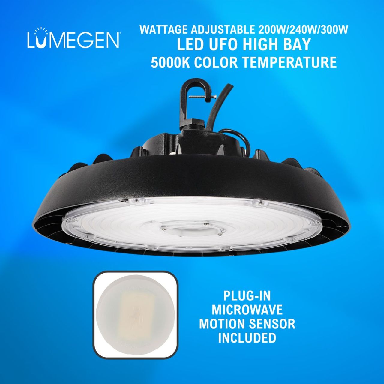 LED UFO High Bay - Wattage Adjustable 200W/240W/300W - 5000K - Plug-in Microwave Motion Sensor - LumeGen