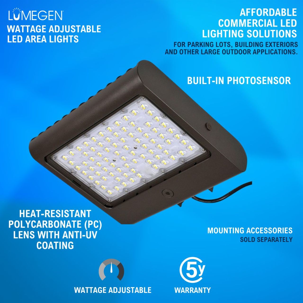 LED Wattage Tunable Area Light w/ Built-In Photosensor - 50W/80W/100W/150W - 5000K