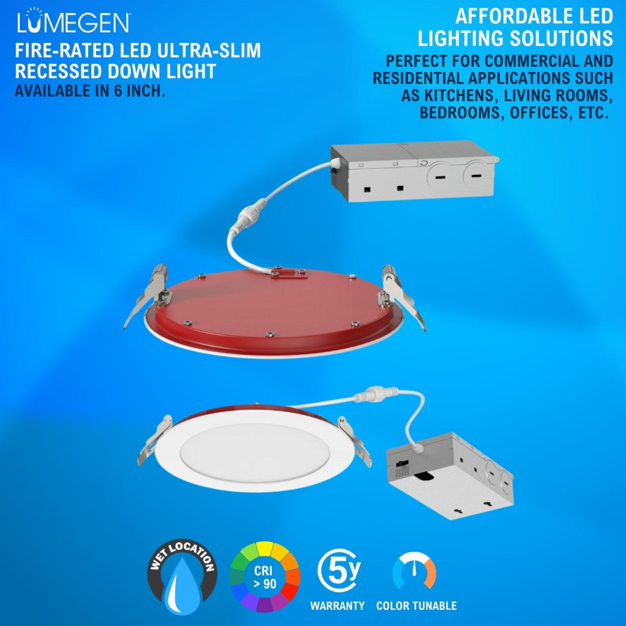 6in. LED Fire Rated Ultra-Slim Recessed Down Light - 12W - Color Tunable 27K/30K/35K/40K/50K - LumeGen