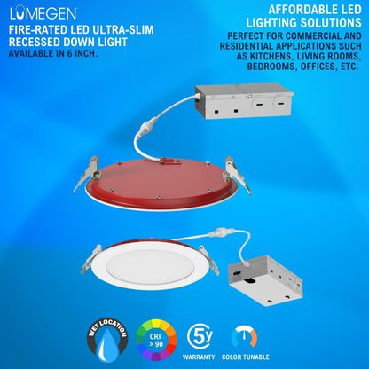 6in. LED Fire Rated Ultra-Slim Recessed Down Light - 12W - Color Tunable 27K/30K/35K/40K/50K - LumeGen