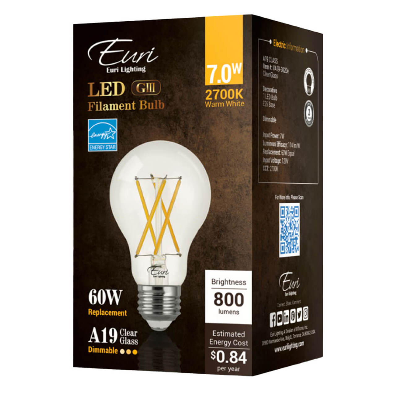 LED Dimmable A19 Clear Glass Filament Bulb - 7W - 800 Lumens - Euri Lighting