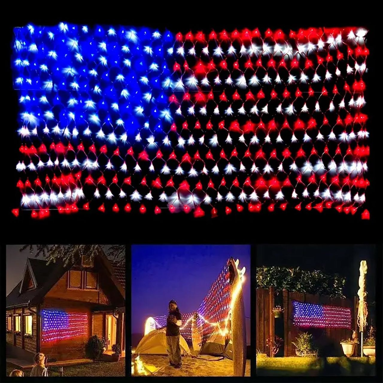 6.5ft x 3.3ft American Flag Net Light - 420 Red, White & Blue LEDs - IP65 Waterproof Rated