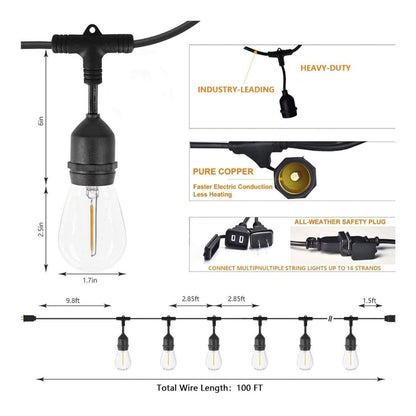 100ft Heavy-Duty S14 String Light - 30 E26 Sockets - 20AWG - 1W S14 Bulbs - LumeGen