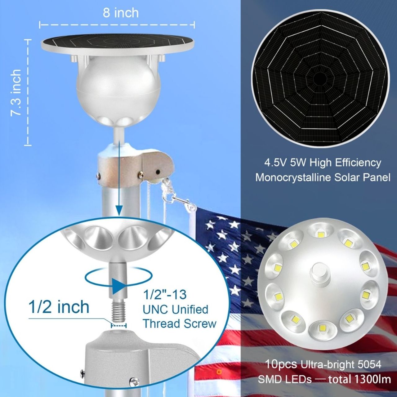 Solar LED Flag Pole Ball Topper Light - 10 LEDs - White/Black/Gold/Silver Finish