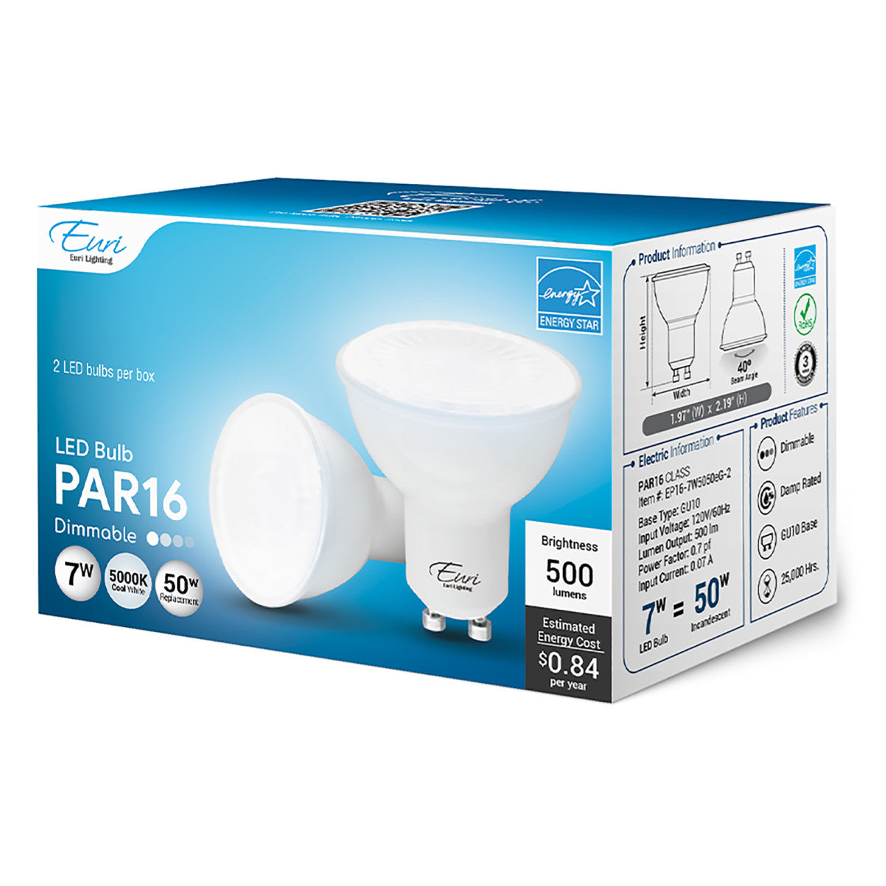 2-Pack LED PAR16 - 7 Watt - 50W Equiv. - Dimmable - 500 Lumens - Euri Lighting