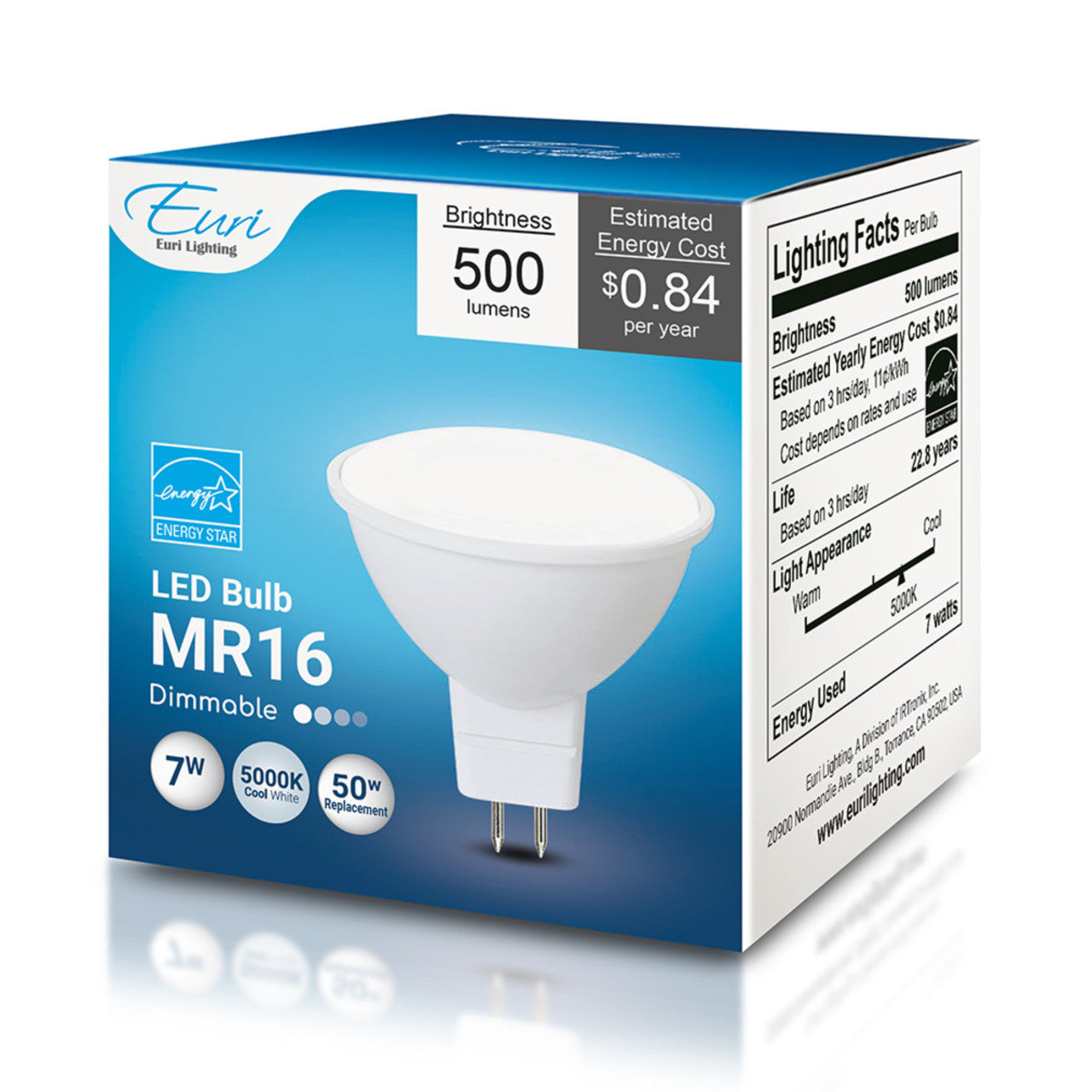 LED MR16 Bulb - 7W - 500 Lumens - 12V - GU5.3 Base - Euri Lighting