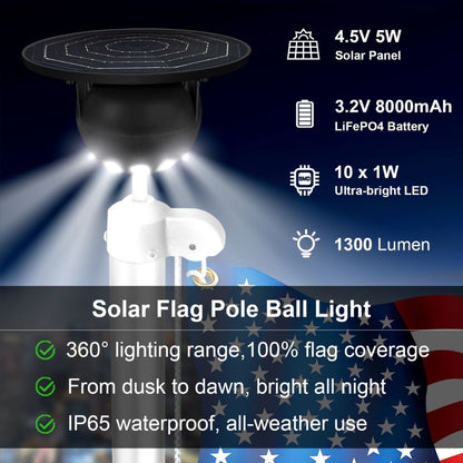 Solar LED Flag Pole Ball Topper Light - 10 LEDs - White/Black/Gold/Silver Finish