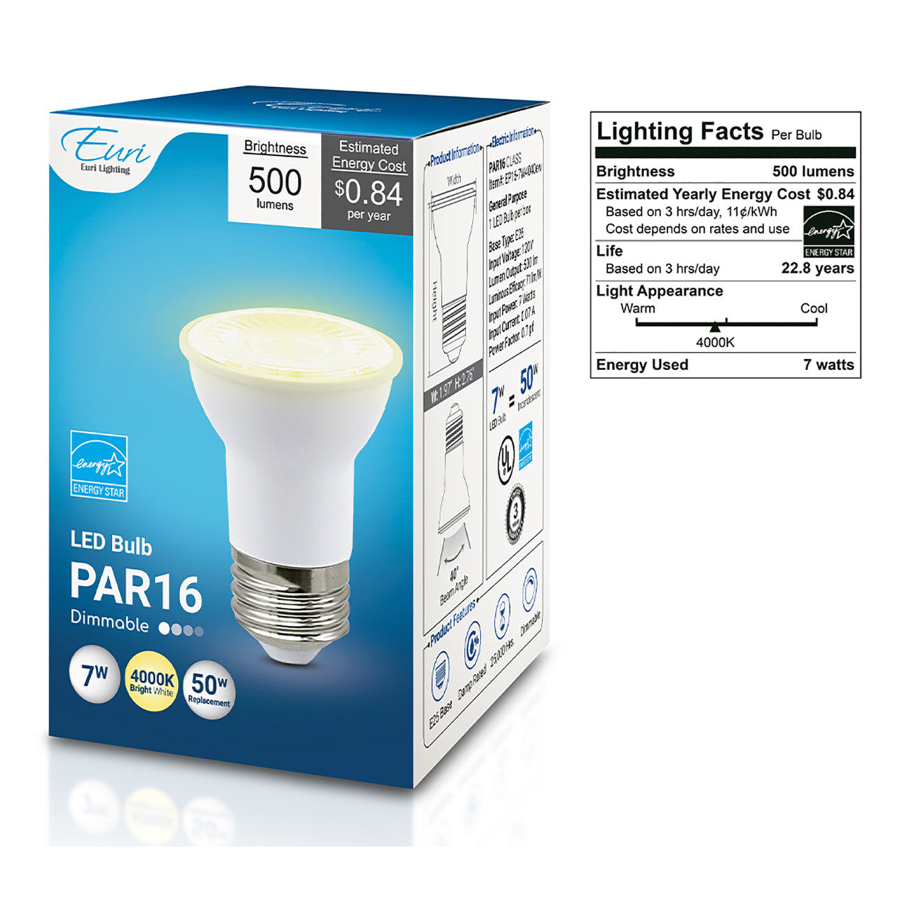 LED PAR16 - 7 Watt- 50 Watt Equiv. - Dimmable - 500 Lumens - Euri Lighting